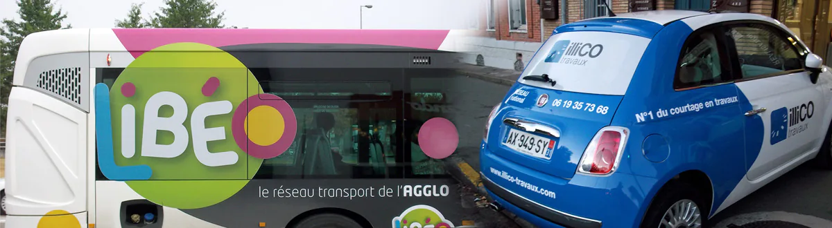 Adhésif microperforé imprimé dans nos ateliers et collé sur vitre de bus Libéo et lunette arrière de Fiat 500 pour la socité Illico travaux.jpg