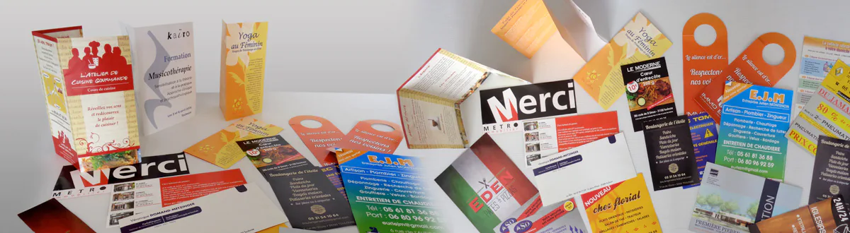 Flyers, dépliants et tracts, découpés au massicot ou avec forme spécifique, du 90 gr au 350 gr, avec ou sans pelliculage, dorure, vernis 3D, etc.