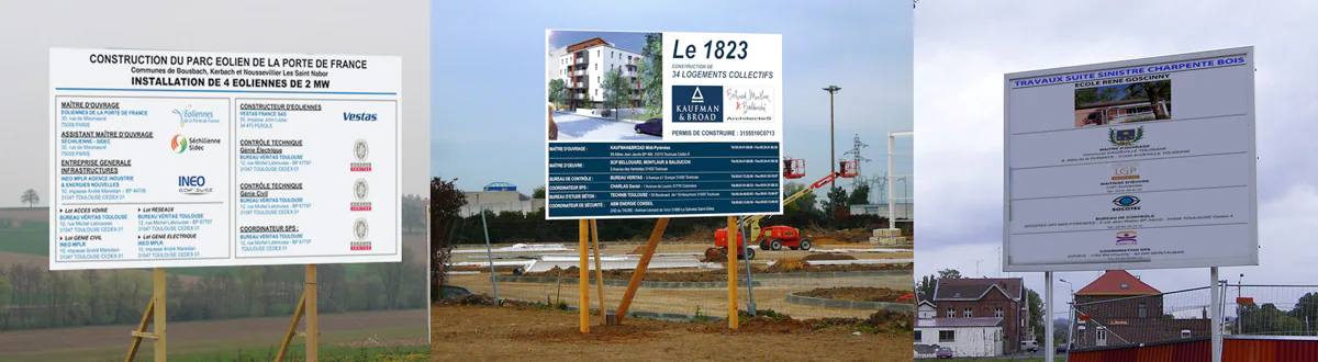 Ces panneaux de chantier grand format sont en polypropylène alvéolaire, montés sur des structures bois ou métalliques avec impression numérique collée au recto, pour les promoteurs immobiliers, syndics de copropriété, architectes, etc.