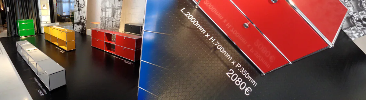 PLV publicité sur le lieu de vente : marquage adhésif au sol ou mural pour un magasin d'agencement de bureaux.