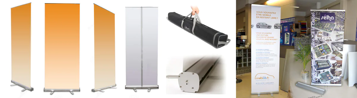 Stands autoportant dit aussi Rollup composés d'une toile ignifugée montée sur une structure avec enrouleur intégré pour les salons, expositions, foires.