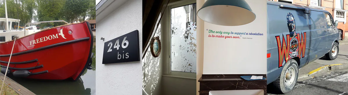 Marquage de la coque d'un bateau, d'un mur ou pour occulter une vitre avec des lettres et motifs adhésifs fabriqués sur mesure