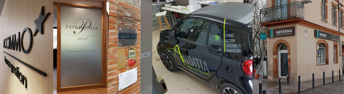 Signalétique pour les professions libérales : logo en relief conçu, fabriqué et posé sur une cloison bois - Flockage adhésif sur un véhicule Smart - enseignes lumineuses en alu et plexi diffusant